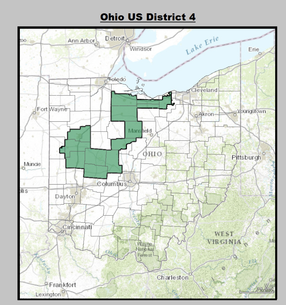 The image of a gerrymandered district in Ohio. Image: "1 Million Scale" geospatial data project.