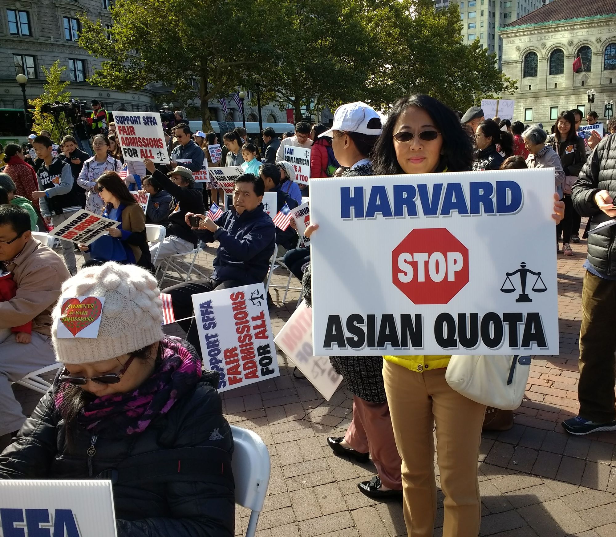 A protest in Boston's Copley Square on October 14, 2018 to support the lawsuit from Students for Fair Admissions against Harvard. Photo: Whosijohngalt / WikiCommons