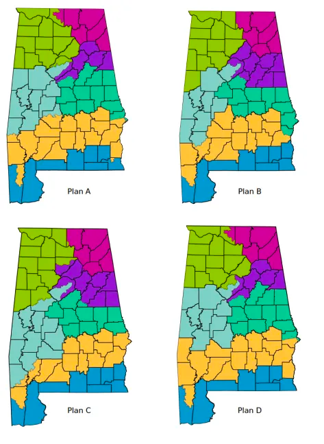 Four proposed maps from the challengers to Alabama's gerrymandering. Image: U.S. District Court for the Northern District of Alabama