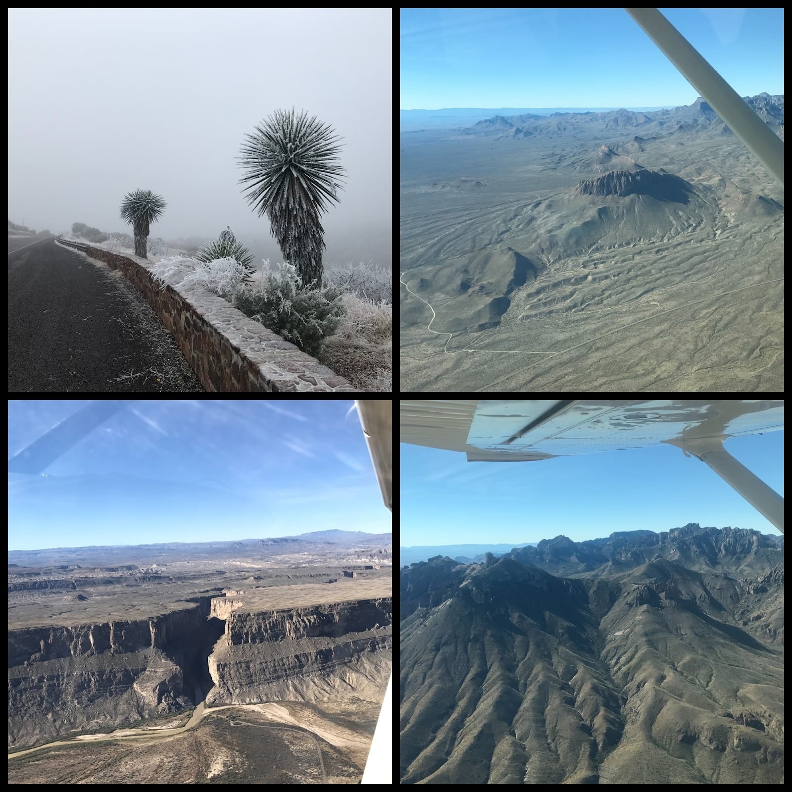 Frozen desert plants in the winter and various views of the border from an airplane tour I did in 2017.