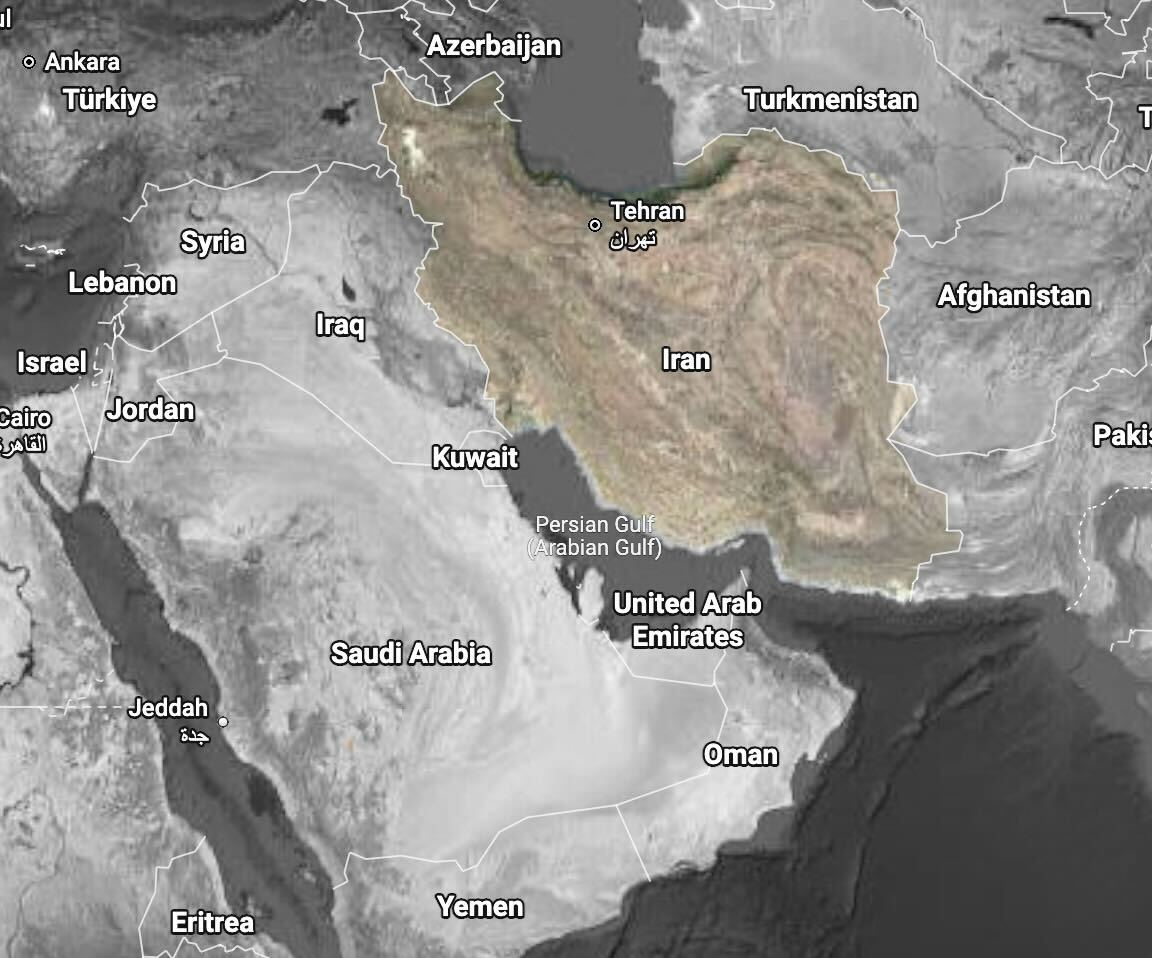 Map of the Middle East, with Iran emphasized | Google Earth image, edited by Russell Nystrom