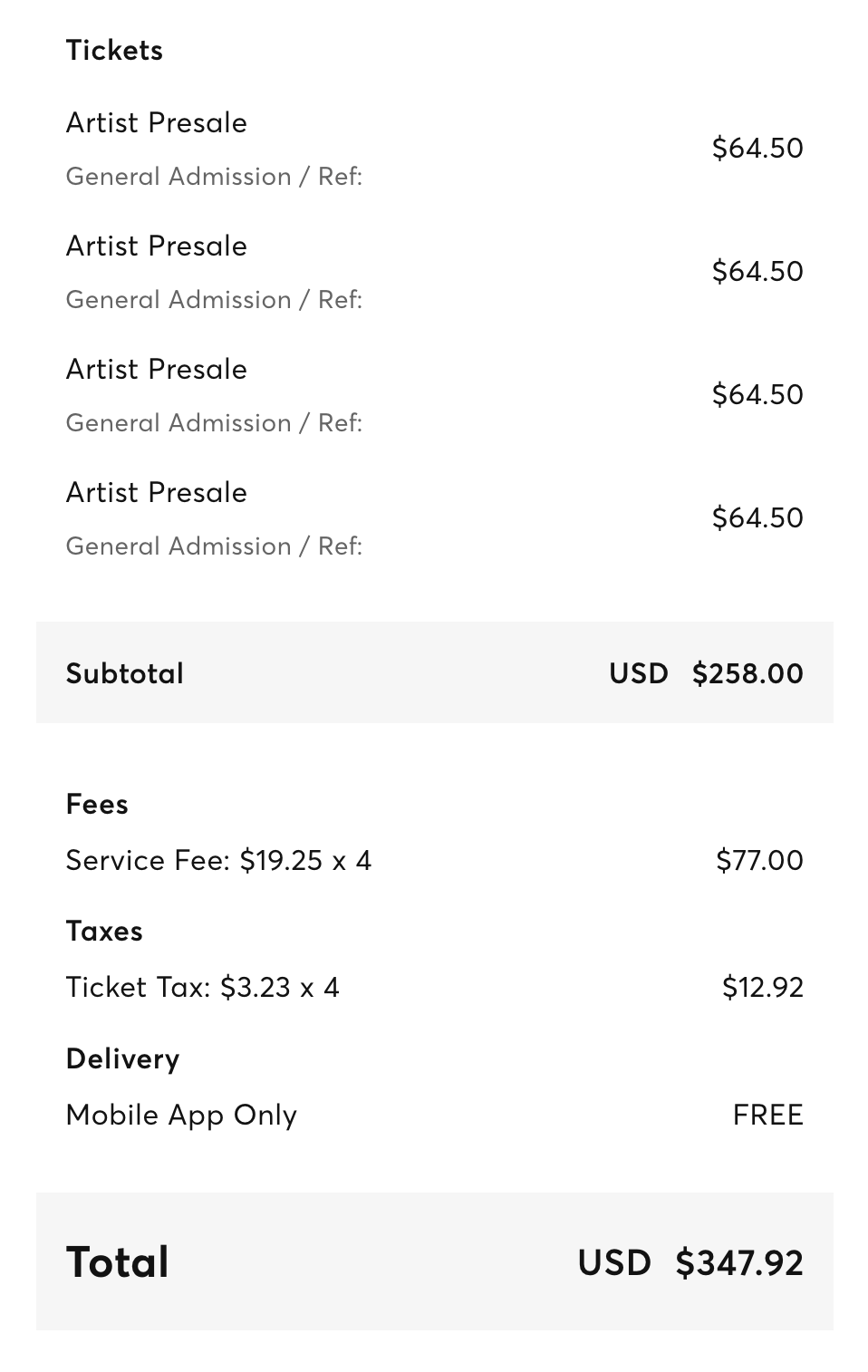 Screenshot of my ticket receipt from Ticketmaster