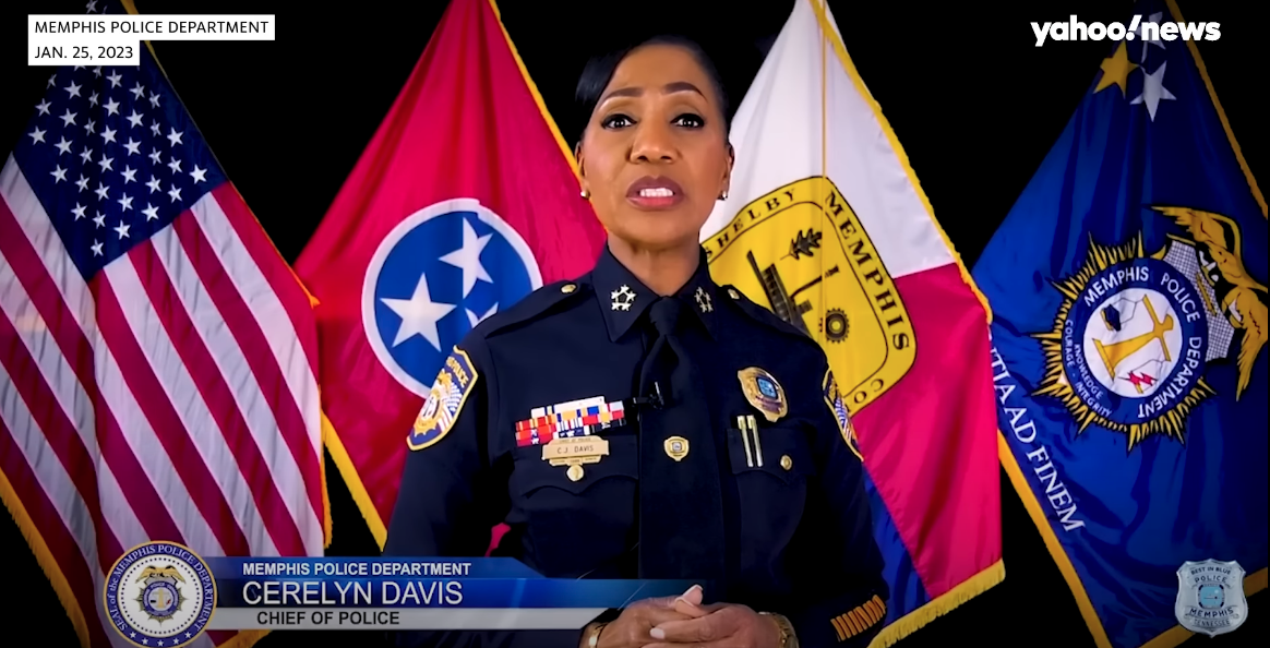 Memphis Chief of Police "CJ" Davis delivers comments on Tyre Nichols' death. Image: Yahoo News 