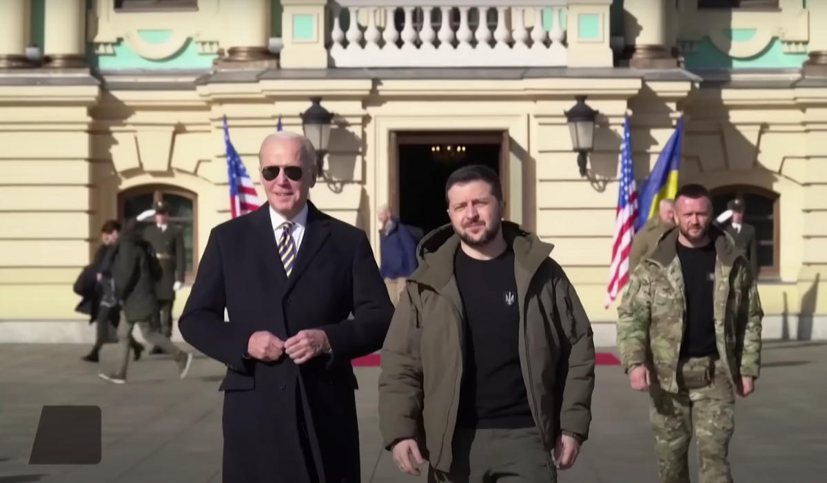 Biden walking with Ukraine's President Zelensky in Ukraine. Image: PBS News Hour YouTube