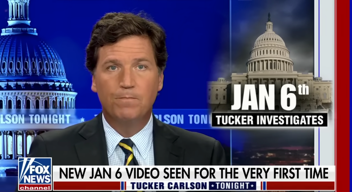 Tucker Carlson airing his January 6 segment. Screenshot: Fox News