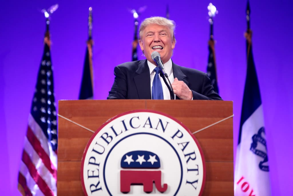 Donald Trump speaking at the Iowa Republican Party's 2015 Lincoln Dinner. Photo credit: Greg Skidmore.