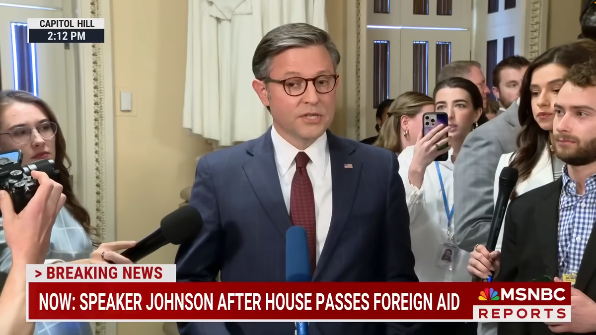 House Speaker MIke Johnson (R-LA) speaking to reporters after passing a foreign aid bill. Image: MSNBC YouTube 