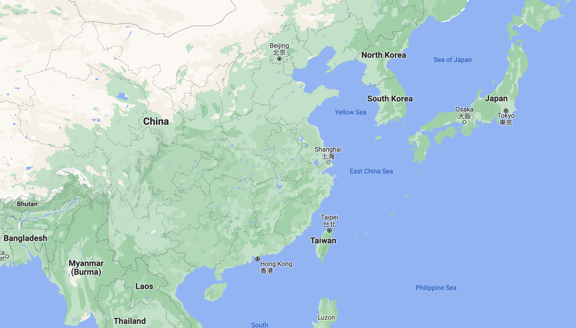 Google maps: A map of the region, featuring Taiwan, China, South Korea, North Korea and Japan.