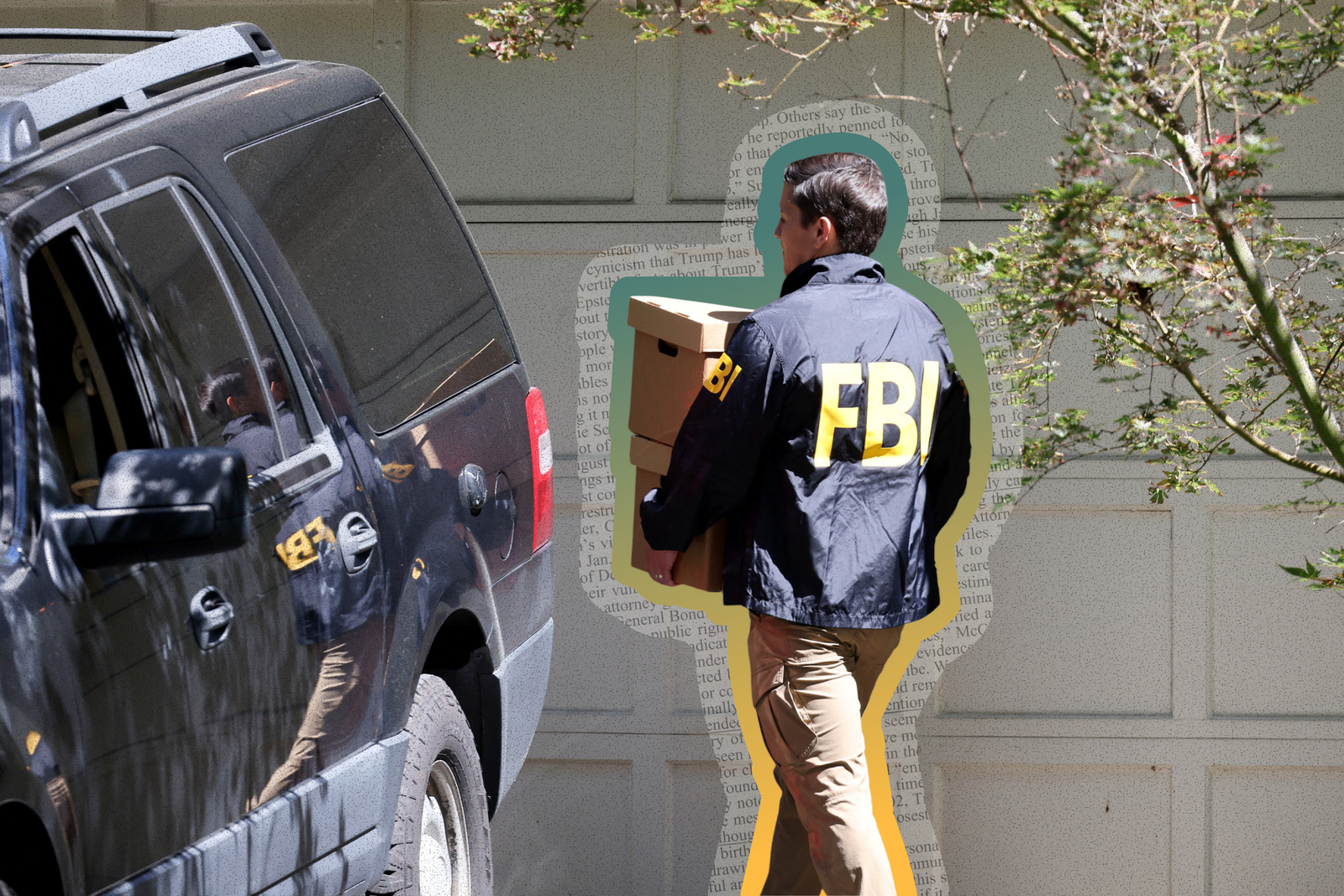 An FBI agent outside the home of former National Security Advisor John Bolton in Bethesda, Maryland, on August 22, 2025 | REUTERS/Tasos Katopodis, edited by Russell Nystrom