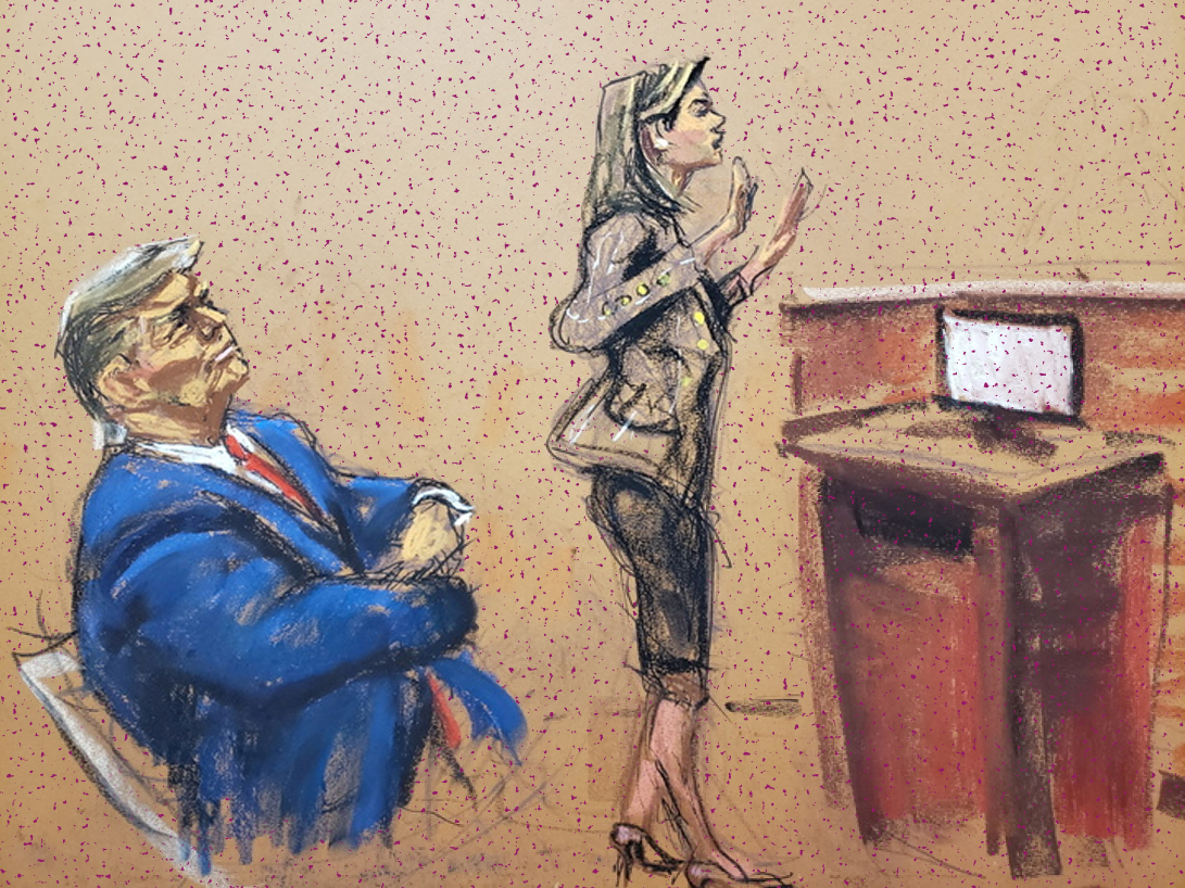 Court drawing of lawyer Alina Habba and then-former President Donald Trump in Manhattan — January 11, 2024 | REUTERS/Jane Rosenberg TPX IMAGES OF THE DAY, edited by Russell Nystrom