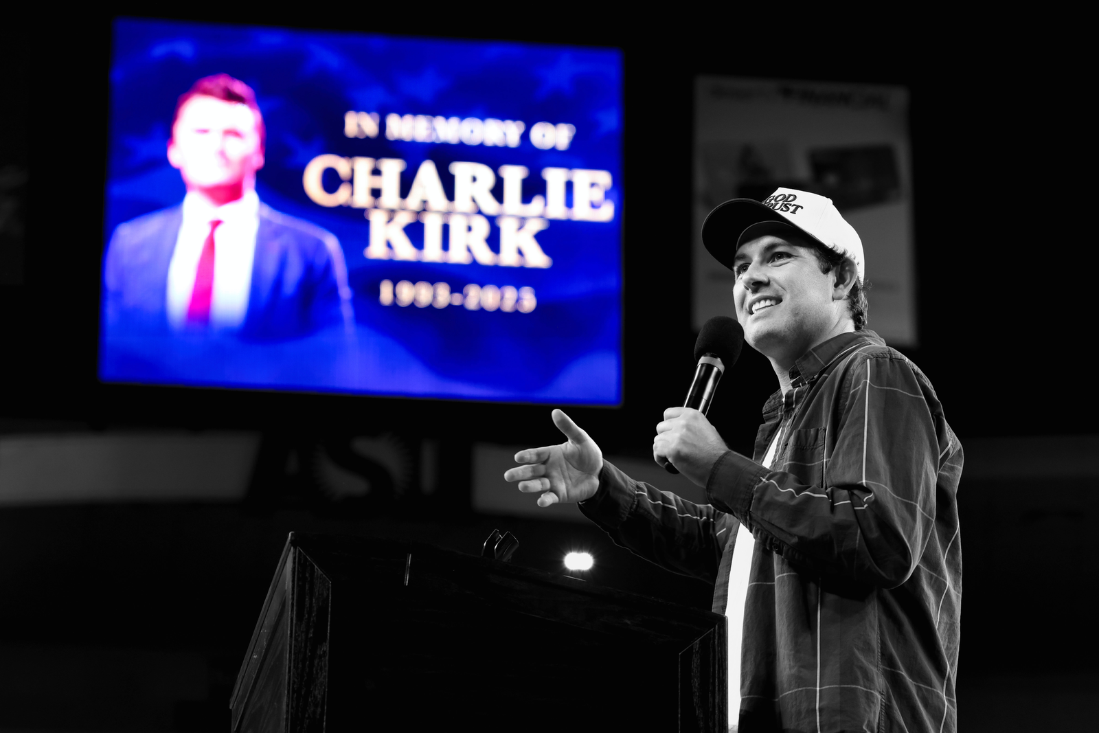 Conservative activist Tyler Bowyer speaks at a candlelight vigil at Arizona State University | Gage Skidmore/ZUMA Press Wire, edited by Russell Nystrom