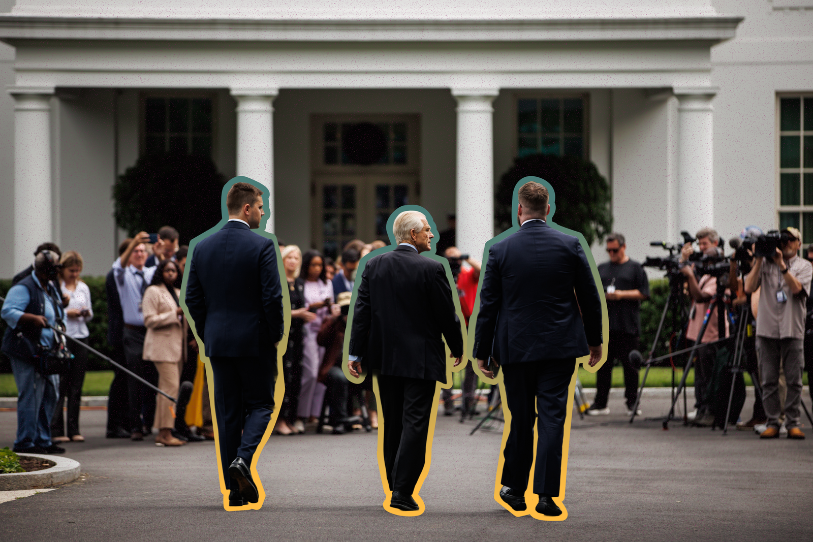Senior Counselor for Trade and Manufacturing Peter Navarro (center) after giving a television interview in front of the White House | Photo by Samuel Corum/Sipa USA, edited by Russell Nystrom