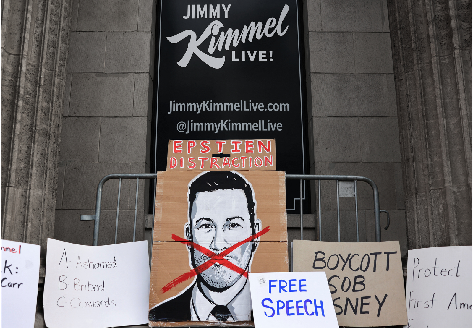A protest at the El Capitan Entertainment Center following Jimmy Kimmel's suspension | REUTERS/David Swanson, edited by Russell Nystrom