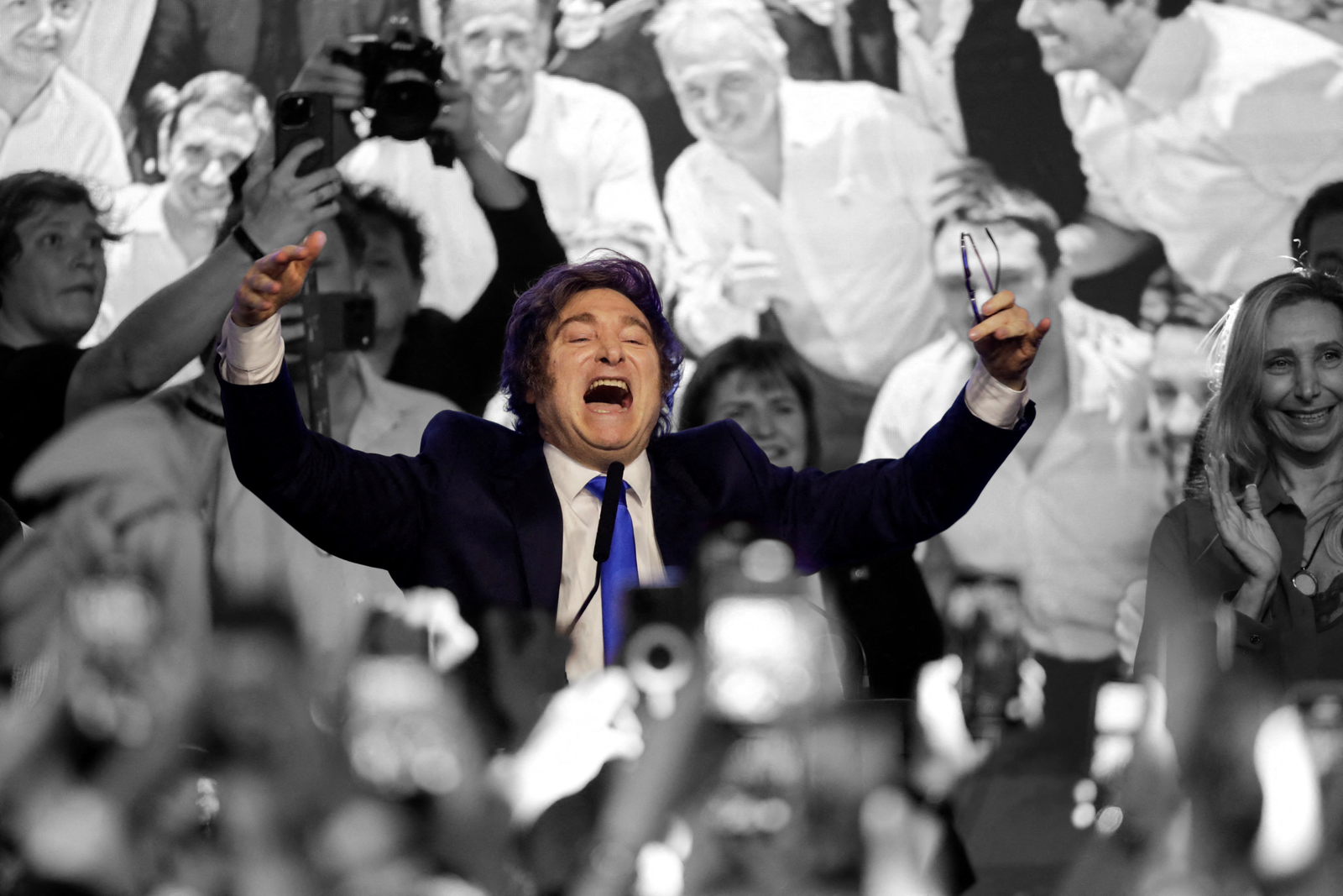 Argentina's President Javier Milei celebrates after the midterm election in Buenos Aires, Argentina | REUTERS/Cristina Sille TPX IMAGES OF THE DAY, edited by Russell Nystrom
