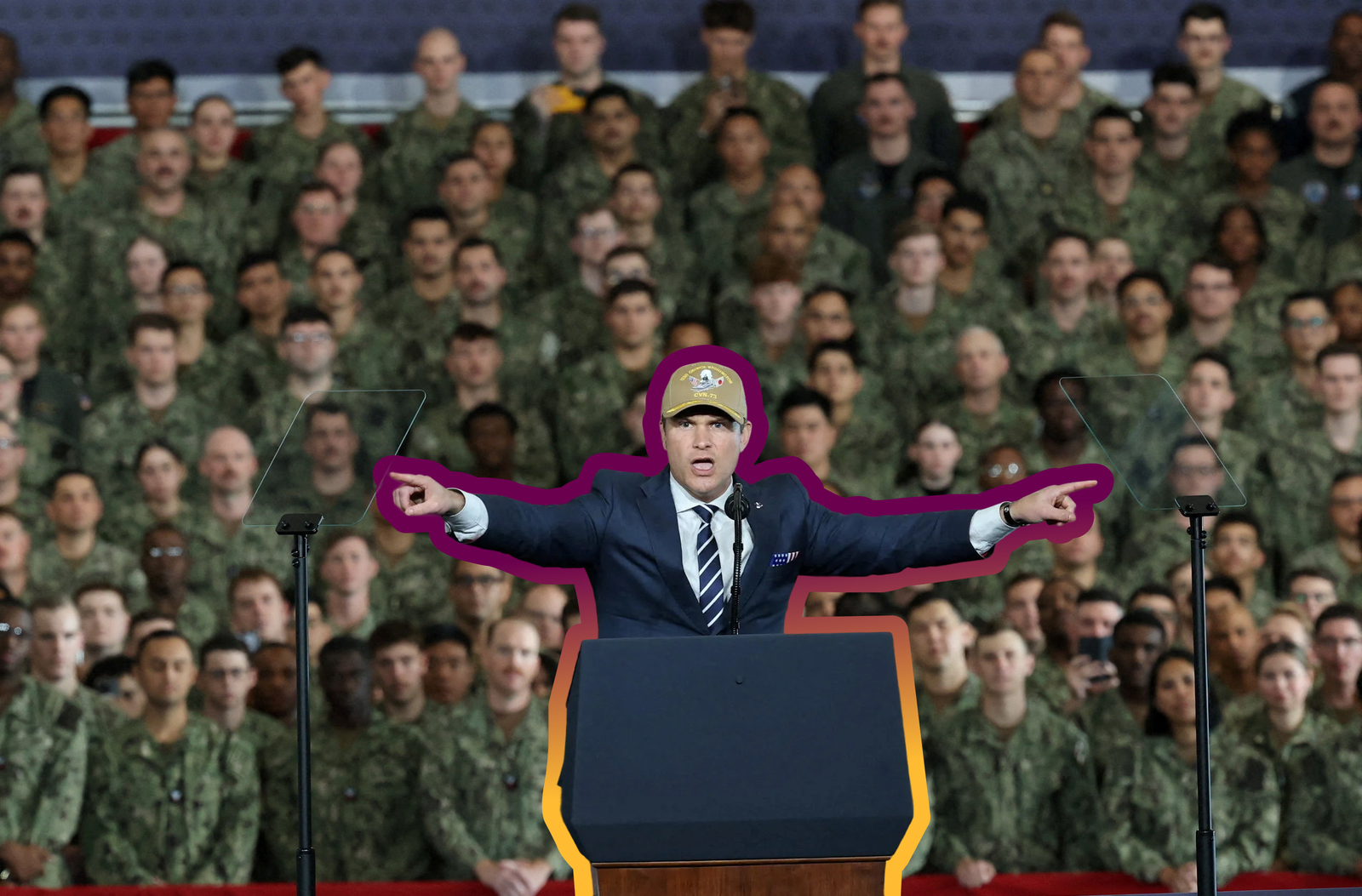 U.S. Secretary of Defense Pete Hegseth aboard the aircraft carrier USS George Washington on October 28, 2025 | REUTERS/Kim Kyung-Hoon, edited by Russell Nystrom