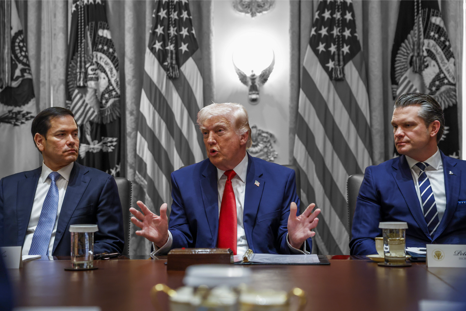 (from left) Secretary of State Marco Rubio, President Donald Trump, and Secretary of Defense Pete Hegseth at the White House | Sipa USA via Reuters Connect, edited by Russell Nystrom