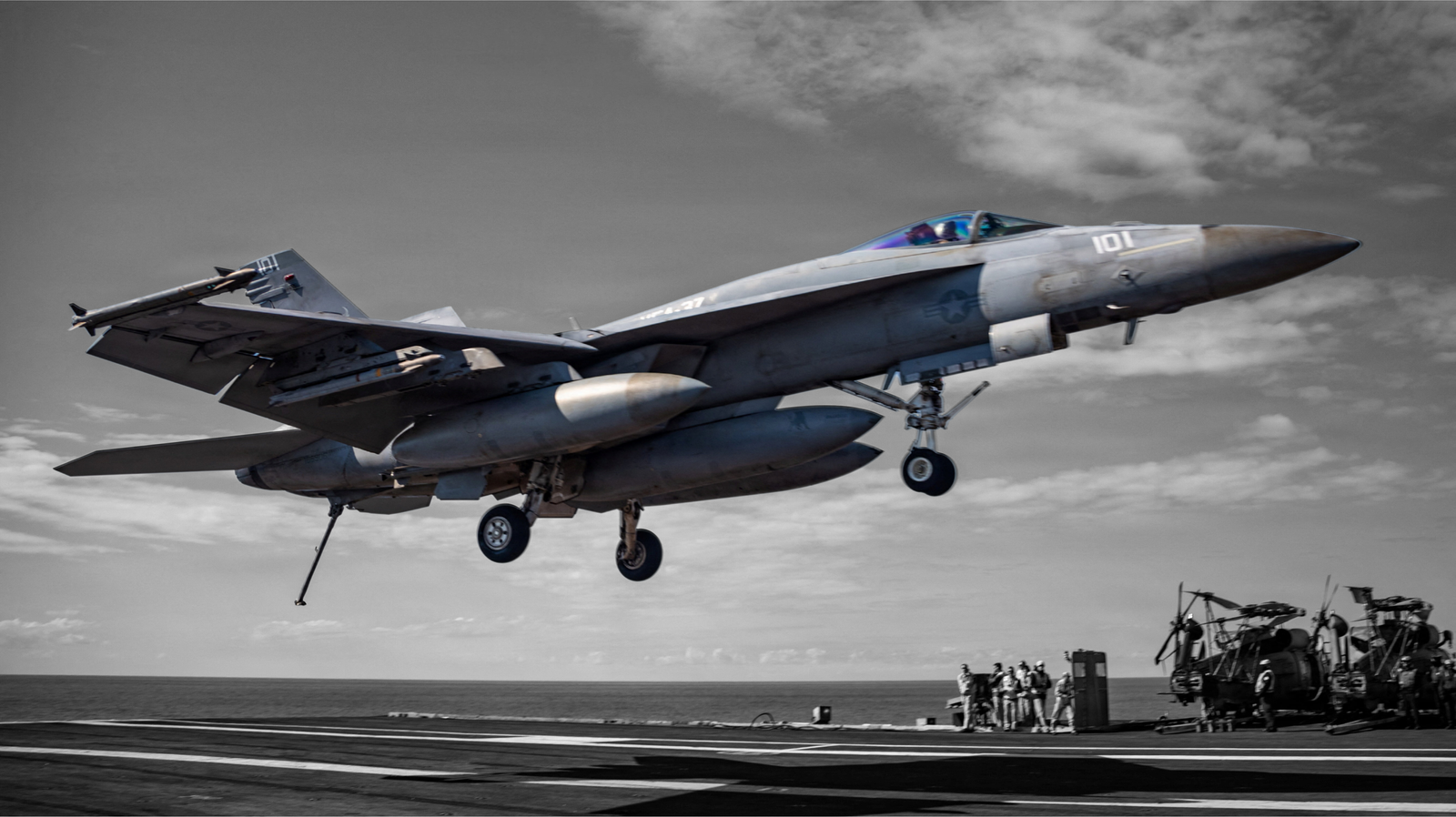An F/A-18E Super Hornet aircraft lands on the U.S. Navy aircraft carrier USS Gerald R. Ford during Operation Epic Fury | U.S. Navy/Handout via REUTERS, edited by Russell Nystrom