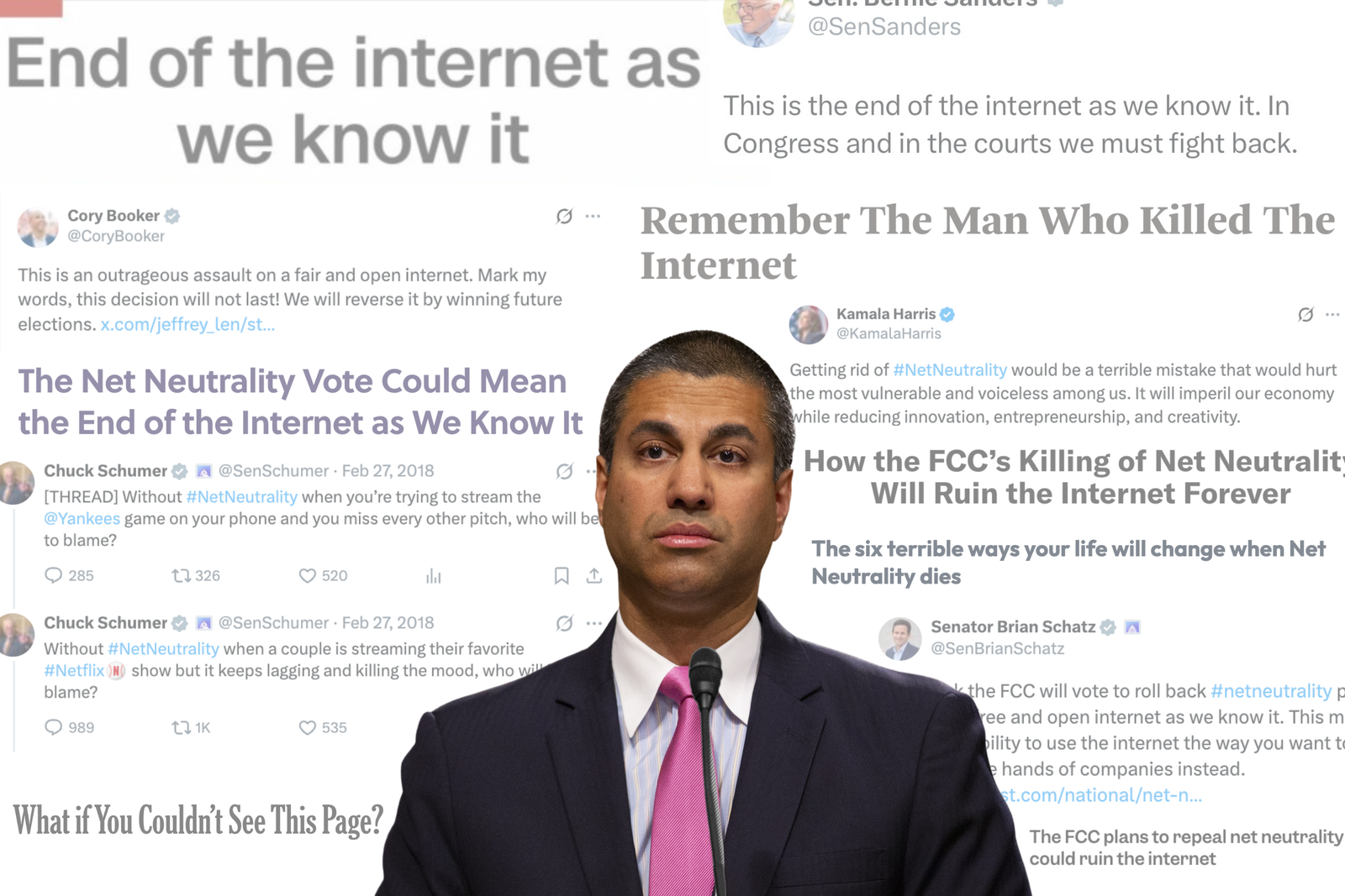 Former Federal Communications Commission Chairman Ajit Pai in front of headlines about the repeal of net neutrality guidelines