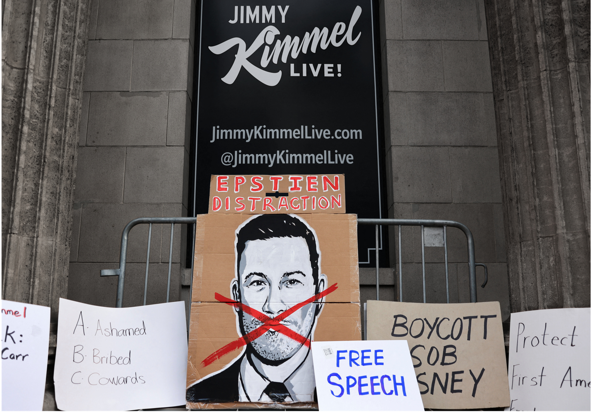 A protest at the El Capitan Entertainment Center following Jimmy Kimmel's suspension | REUTERS/David Swanson, edited by Russell Nystrom
