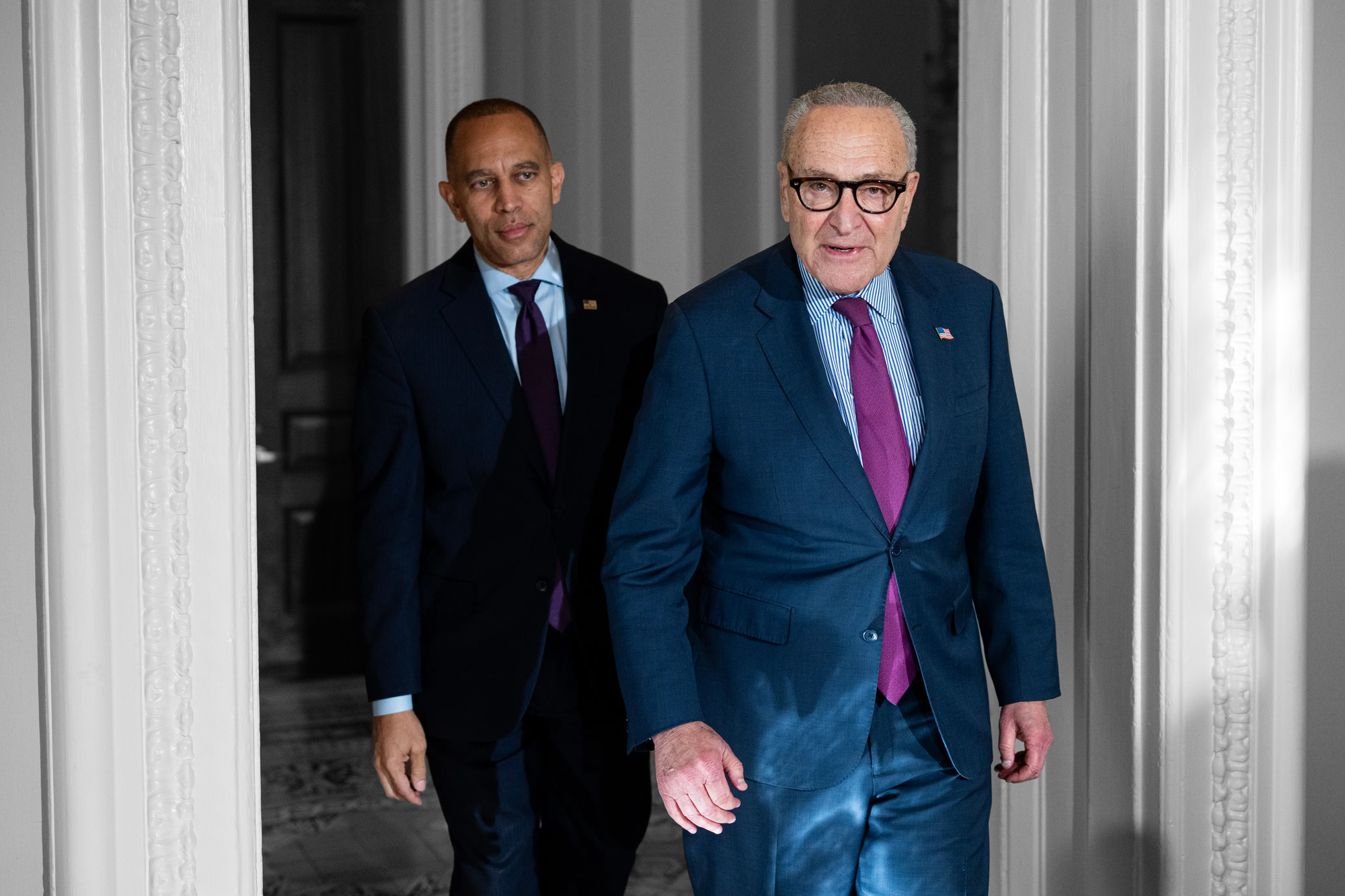 House Minority Leader Hakeem Jeffries (D-NY) and Senate Minority Leader Chuck Schumer (D-NY) at the U.S. Capitol in October | Bill Clark/CQ Roll Call/Sipa USA, edited by Russell Nystrom