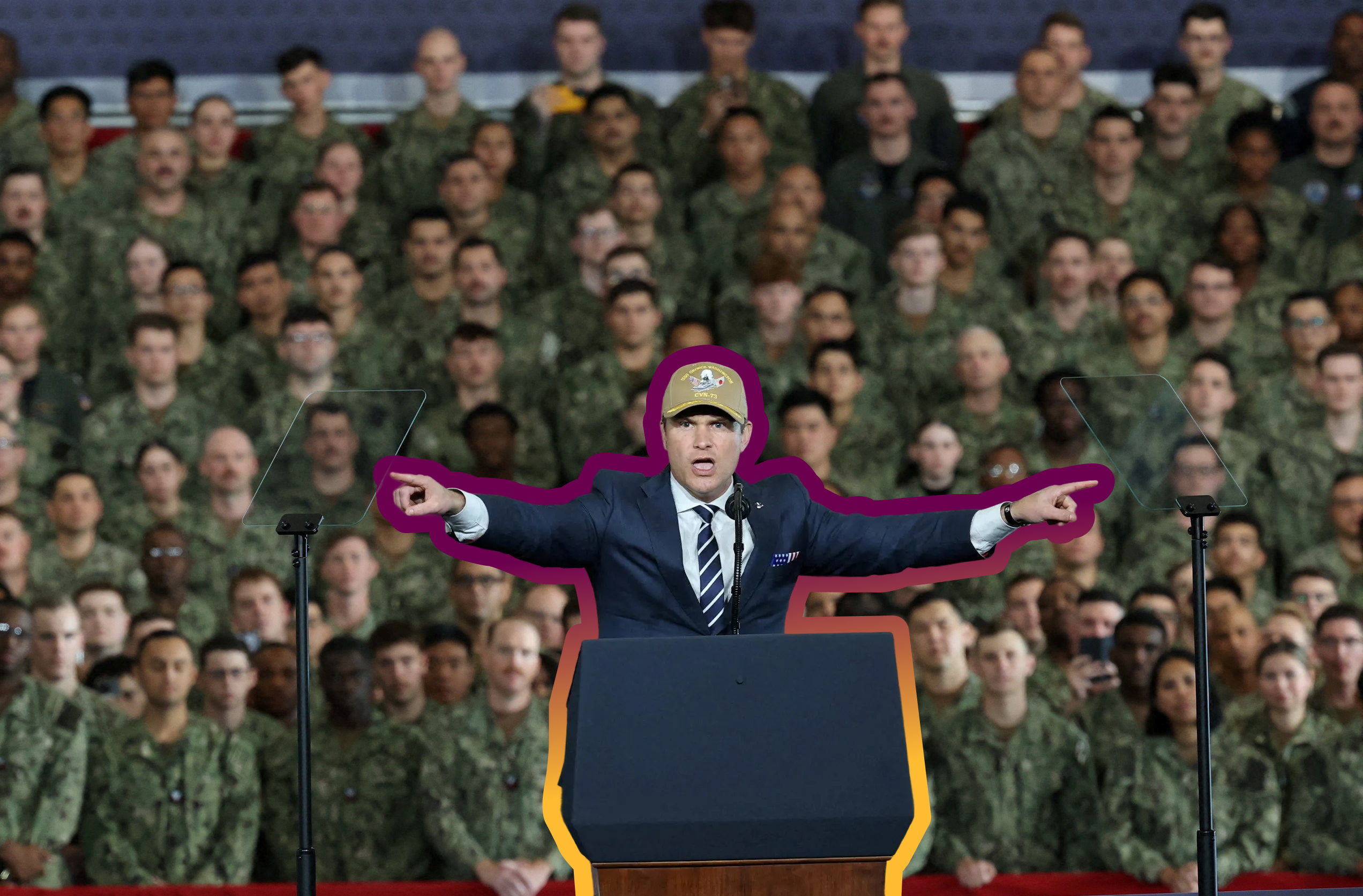 U.S. Secretary of Defense Pete Hegseth aboard the aircraft carrier USS George Washington on October 28, 2025 | REUTERS/Kim Kyung-Hoon, edited by Russell Nystrom