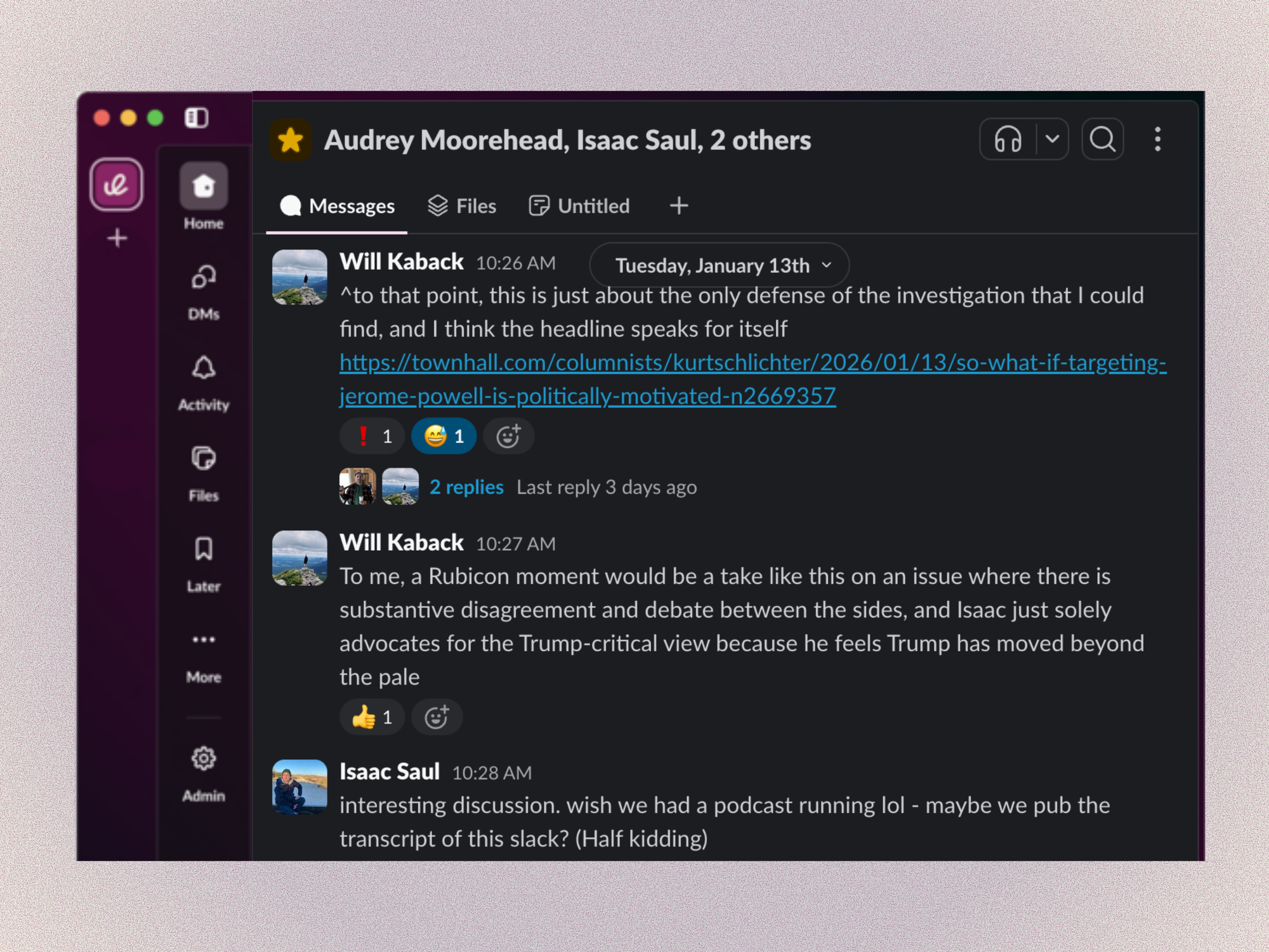 Correspondence in Tangle's editorial Slack channel