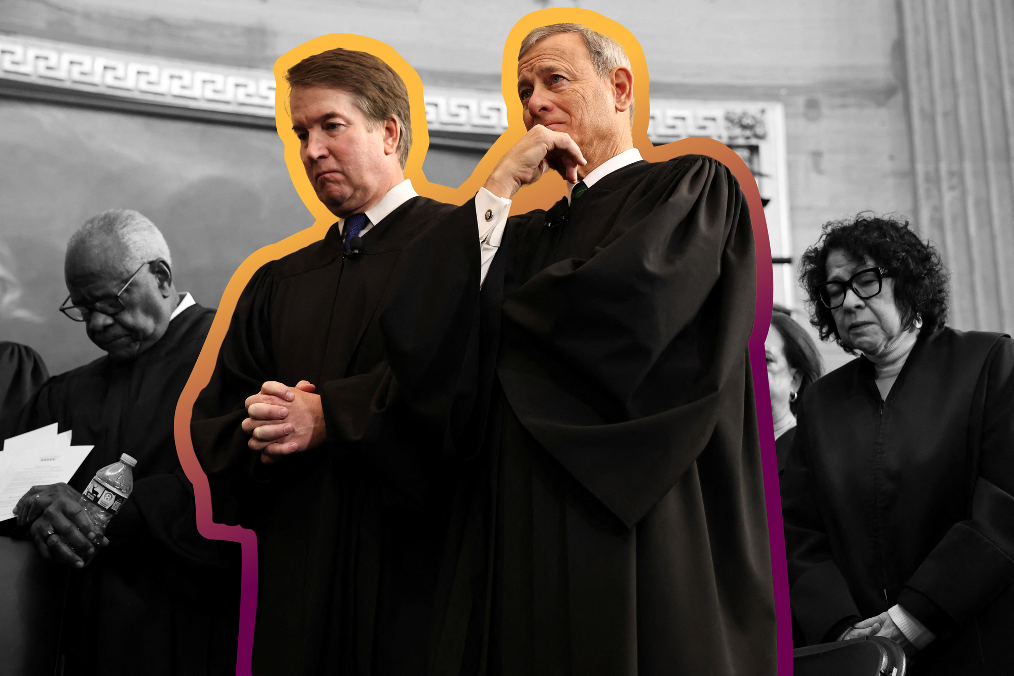 Supreme Court Justices Clarence Thomas, Brett Kavanaugh, John Roberts, and Sonia Sotomayor bow their heads at President Donald Trump's second inauguration in 2025.