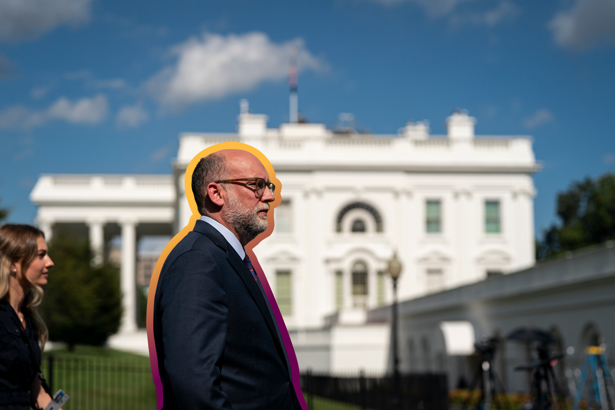 Russell Vought, director of the Office of Management and Budget (OMB), in front of the White House on July 7, 2025 | Al Drago/Pool/Sipa USA, edited by Russell Nystrom