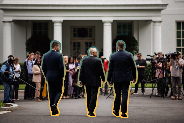 Senior Counselor for Trade and Manufacturing Peter Navarro (center) after giving a television interview in front of the White House | Photo by Samuel Corum/Sipa USA, edited by Russell Nystrom