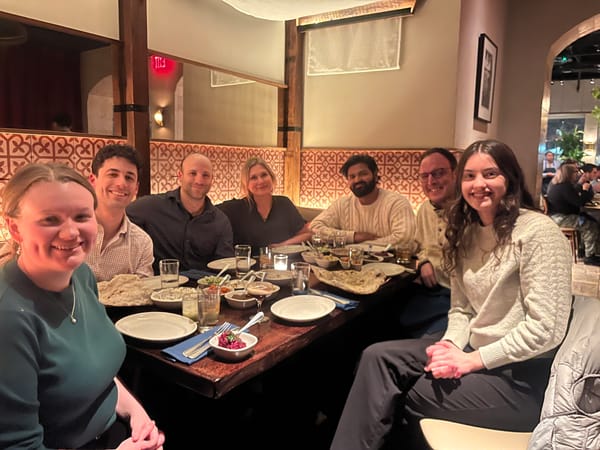 The Tangle team at Zahav in Philadelphia. From left to right: Audrey Moorehead, Will Kaback, Ari Weitzman, Magdalena Bokowa, Jon Lall, Isaac Saul, Lindsey Knuth.