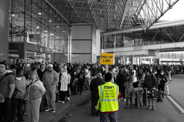 Long security lines form at Baltimore/Washington International Thurgood Marshall Airport on March 28, 2026 | Photo by Andrew Leyden/NurPhoto, edited by Russell Nystrom