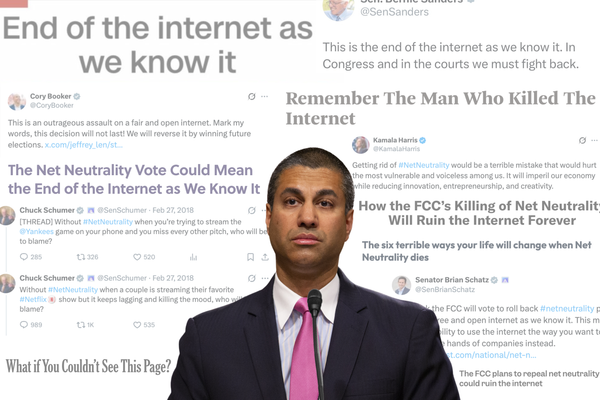 Former Federal Communications Commission Chairman Ajit Pai in front of headlines about the repeal of net neutrality guidelines
